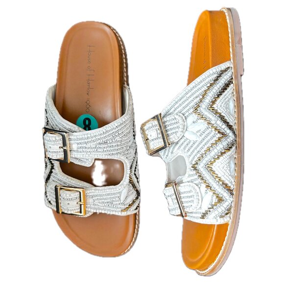 House of Harlow Beaded Flat Sandal Double Buckle White Shimmer Gold Sz 8 NEW - Picture 3 of 10